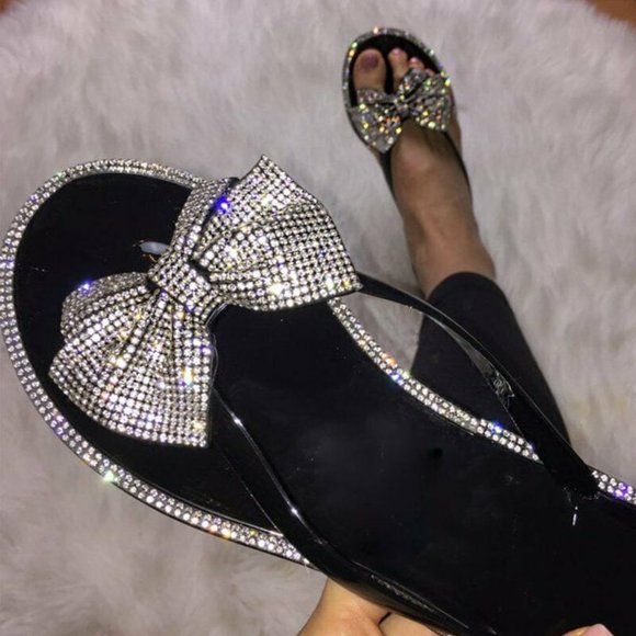 NEW Bling Diamante Rhinestone Bow Jelly Slide Sandals Flip Flops Thong Open Toe - Picture 2 of 3